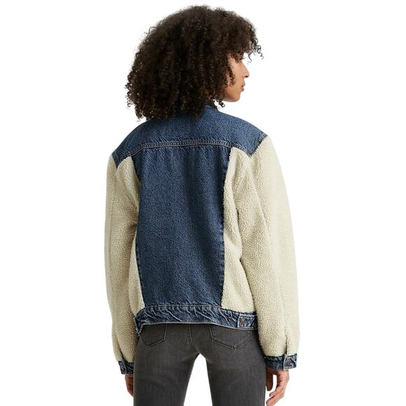 Levi’s EX-BOYFRIEND Pieced Sherpa Trucker Jacket "all goes wool" XL NWT Denim - Picture 2 of 5